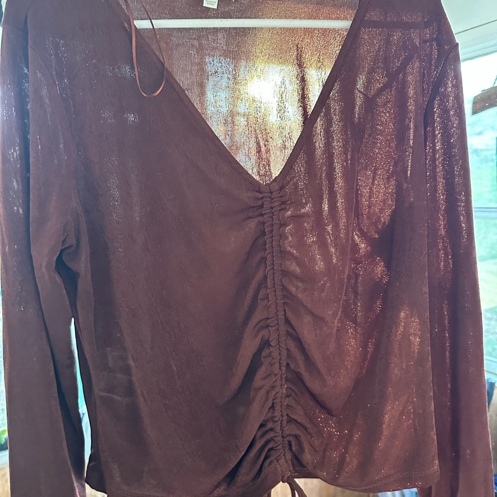 nine britton Brown Ruched V-Neck Long Sleeve Top